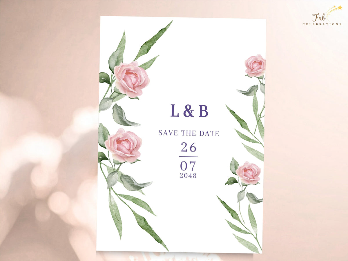 Elegant save the date card with watercolor-inspired blush pink roses, airy green leaves and refined purple lettering highlighting the couple's initials and upcoming wedding date.