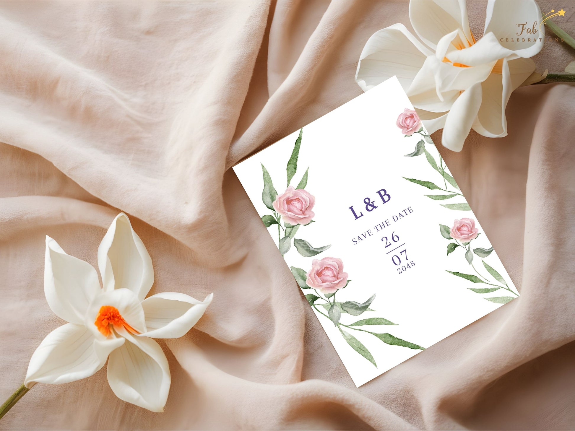 Wedding save the date with watercolor pink roses and greenery — editable Canva template designed to announce your special day with elegance and timeless charm.