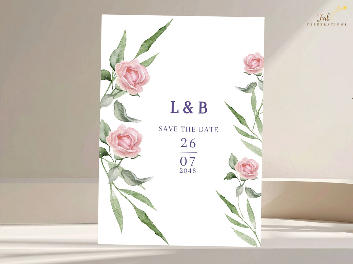 Floral save the date card featuring watercolor-inspired pink roses and long green leafy branches, with a clean central layout for the couple's initials and wedding date.
