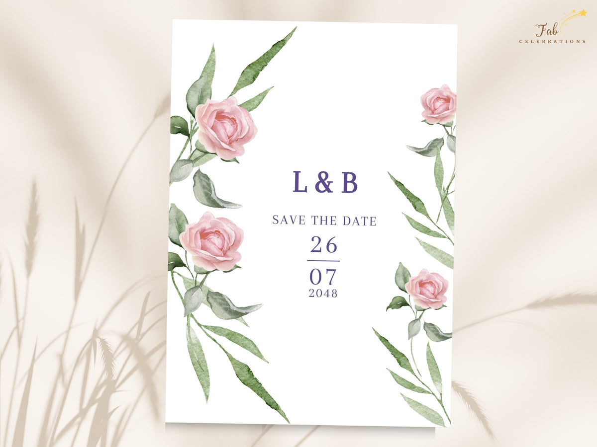 Wedding save the date card featuring watercolor-inspired blush pink roses and graceful green foliage, with elegant purple initials and a vertically arranged wedding date in the center.