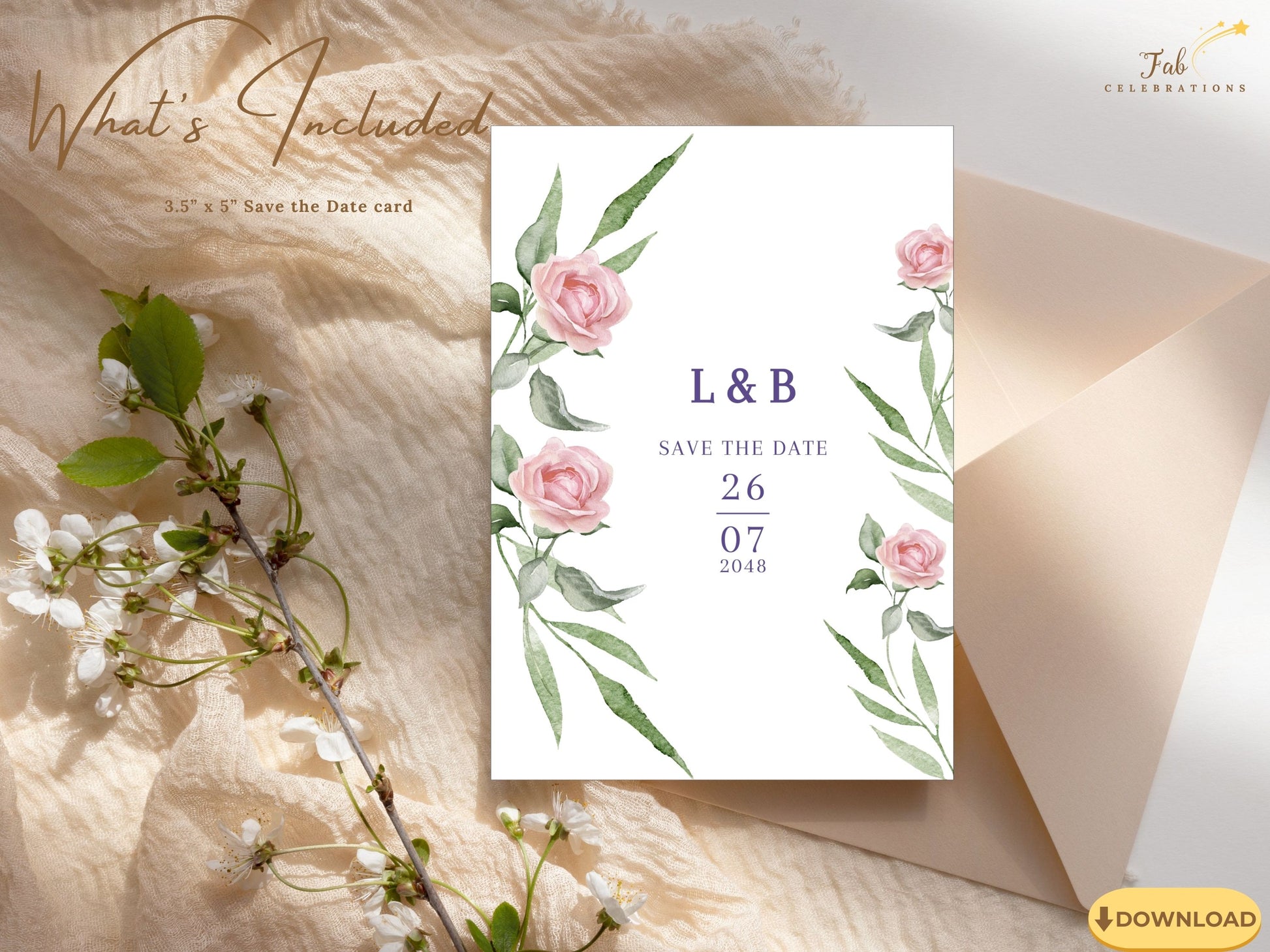 Editable wedding save the date featuring blush watercolor roses and sage greenery — Canva template for couples seeking romantic and poetic stationery.