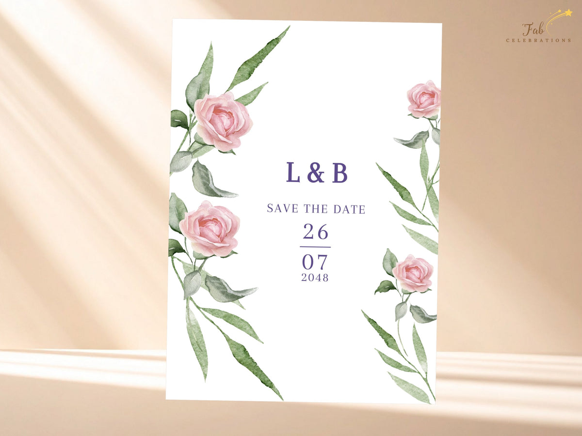 Refined save the date design with watercolor-inspired blush pink roses and flowing green foliage, highlighting the couple's initials and vertically arranged date in elegant purple type.