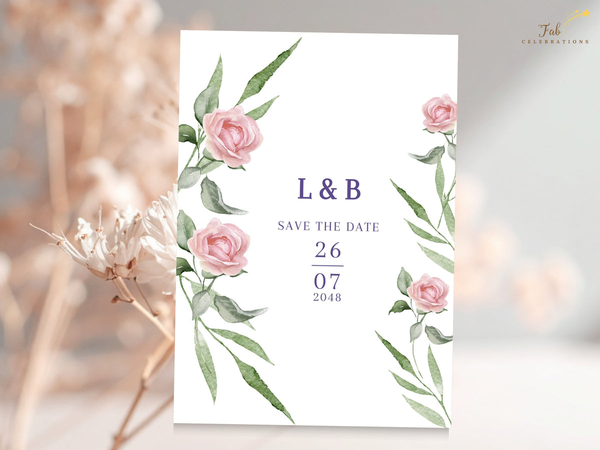 Save the date announcement card decorated with watercolor-inspired blush roses and long green botanical leaves, framing elegant purple initials and a centered wedding date.
