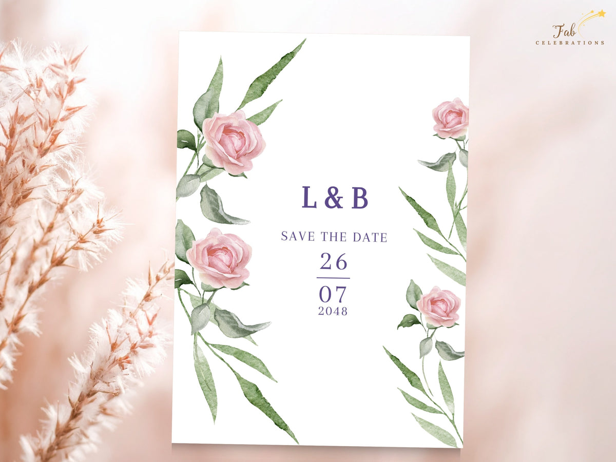 Romantic save the date template decorated with watercolor-inspired blush roses and delicate green foliage, framing purple initials and a neatly arranged wedding date.