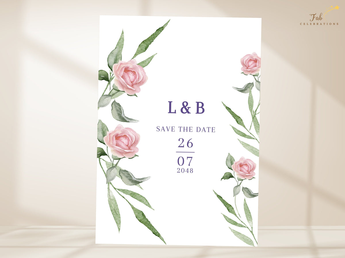 Pink rose save the date announcement featuring watercolor-inspired flowers and graceful botanical greenery with elegant purple initials and a centered vertical date layout.