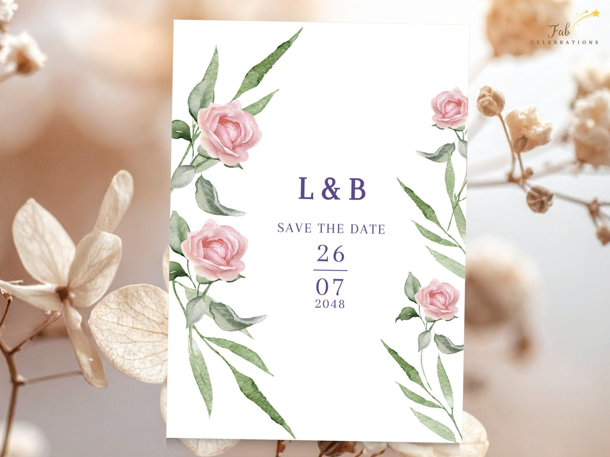 Save the date template featuring watercolor-inspired pink roses, delicate green botanical branches and sophisticated purple typography for the couple's initials and wedding date.