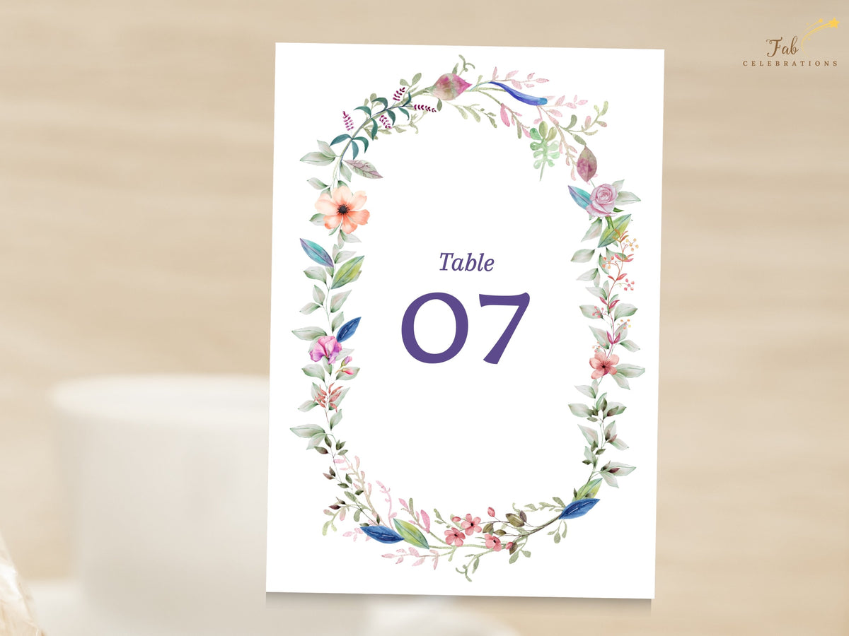 Editable Canva wedding reception number sign featuring a watercolor-inspired floral wreath with soft botanical details and clear customizable table numbering.