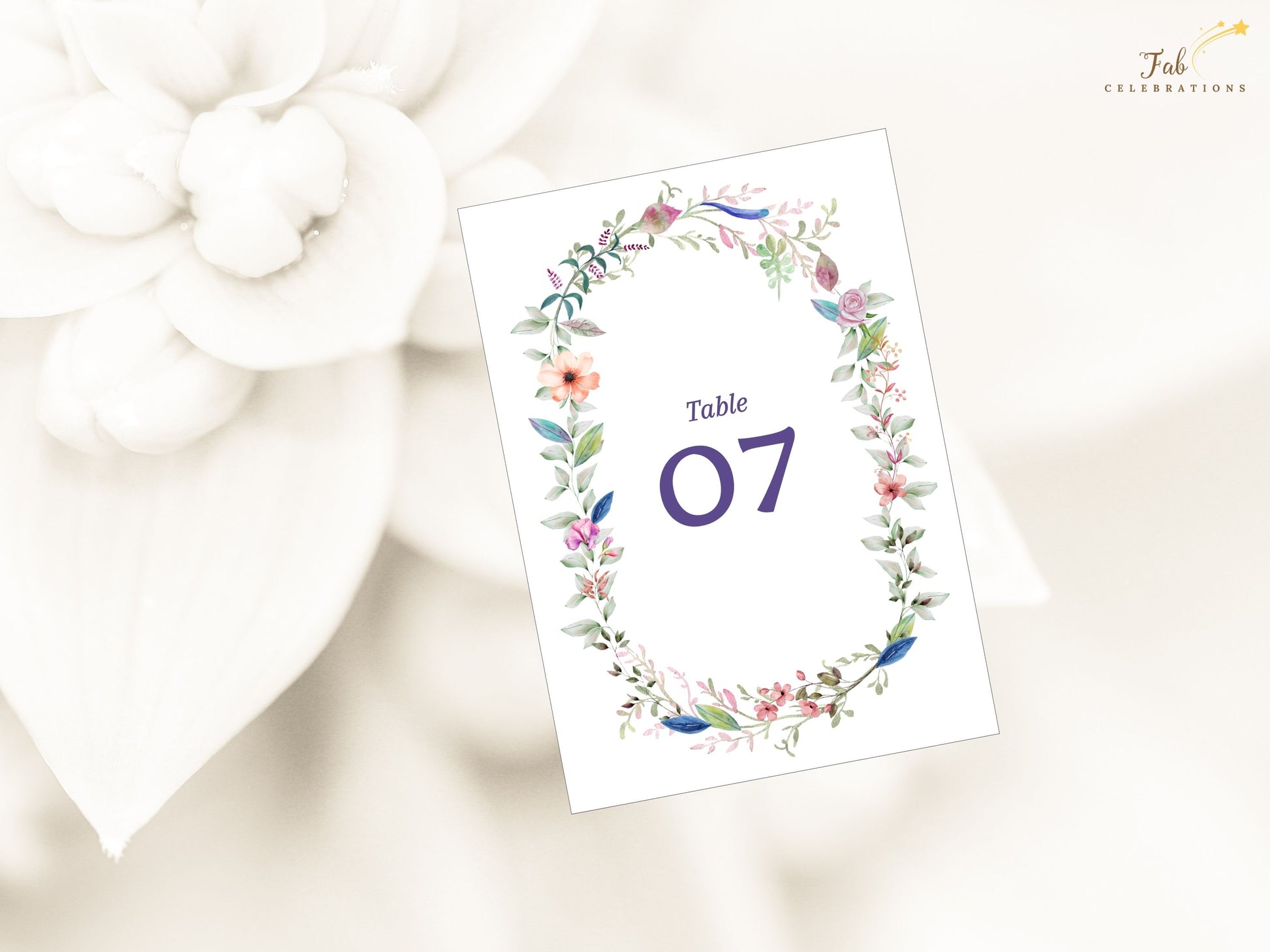 Wedding table number template modern romantic design featuring elegant typography and delicate watercolor illustrations, perfect for personalized wedding reception decor.