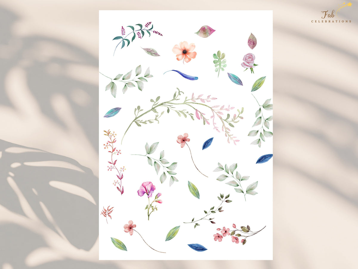 Watercolor-inspired floral artwork collection showing the coordinated blossoms, greenery, leaves, and botanical elements used throughout this romantic wedding stationery design.