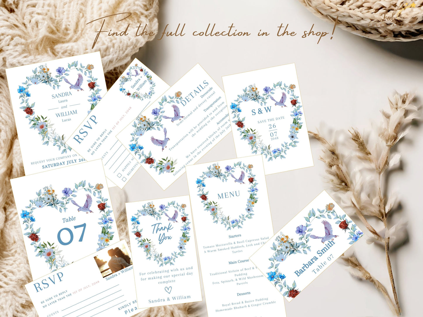 Wedding gratitude card featuring a graceful dove gliding within a heart-shaped blue floral wreath, symbolizing peace, appreciation and everlasting love.