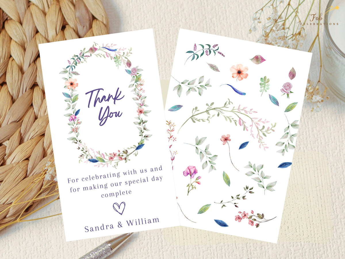 Wedding thank you card shown with its coordinated front and floral reverse, featuring a watercolor-inspired wreath, elegant thank you message, and matching botanical artwork.