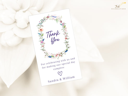 Wedding thank you card template with boho floral watercolor design, editable Canva file with customizable text, printable stationery for rustic garden weddings.