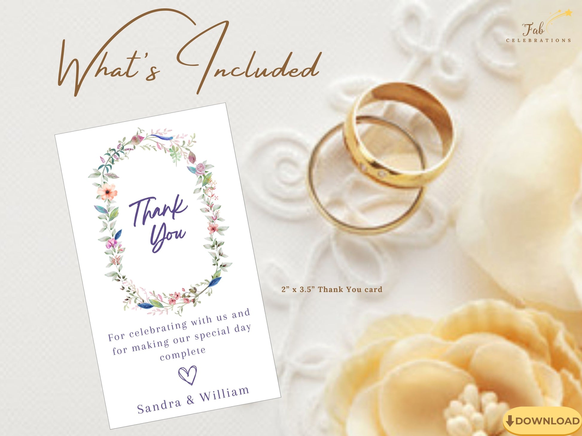 Wedding thank you card template editable Canva design featuring botanical borders and romantic typography, perfect post-wedding gratitude notes and stationery.